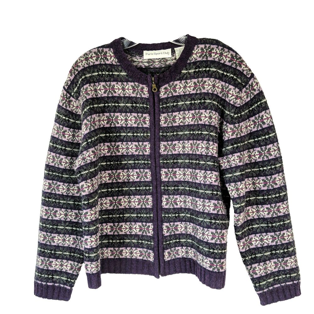 Paris Sport Club Purple Stripe Fair Isle Shetland Wool Women Size Large Zip